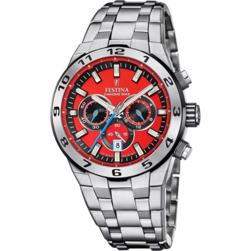 Reloj Festina F20670.5 Para Hombre Chronobike 2024 Malla Plateado Bisel Plateado Fondo Rojo