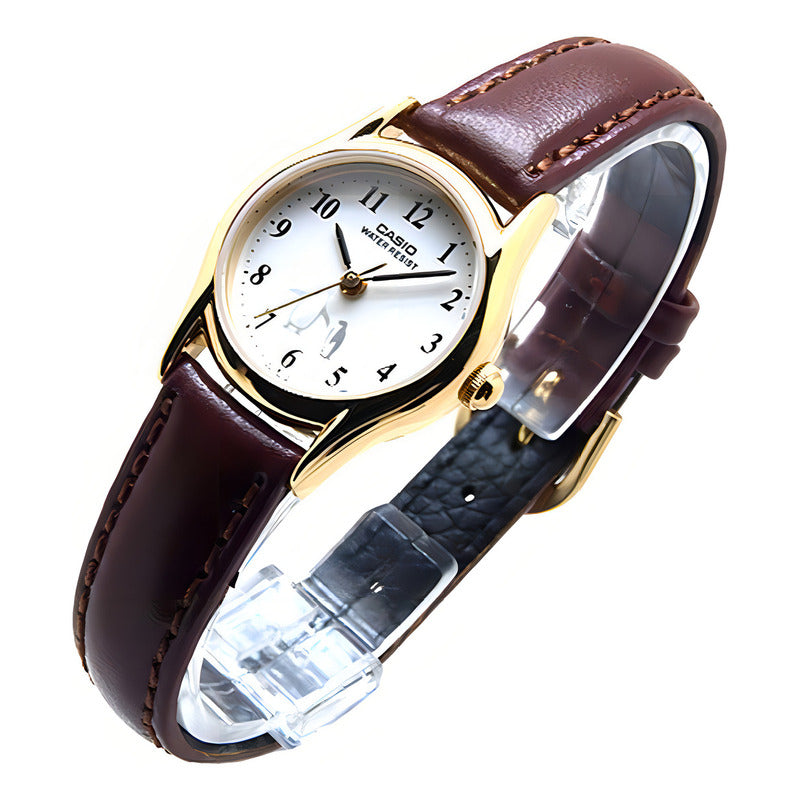 Reloj Casio Ltp1094 7b6 Mujer Correa Piel Marrón Full Blanco Ltp-1094q-7b6