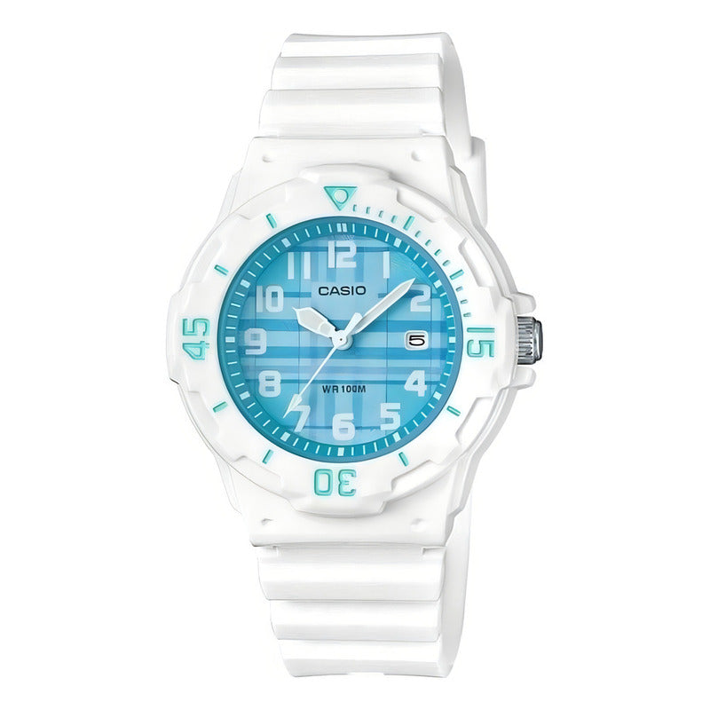 Reloj Pulsera Casio Lrw-200h-2b Con Correa De Resina Color Blanco - Fondo Celeste