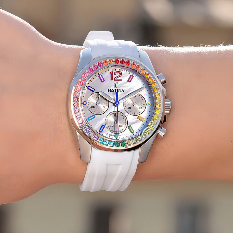 Reloj Festina Blanco Piedra Multicolor Mujer Caucho F20610.2 Color Del Fondo Nácar Color De La Malla Blanco Color Del Bisel Multicolor