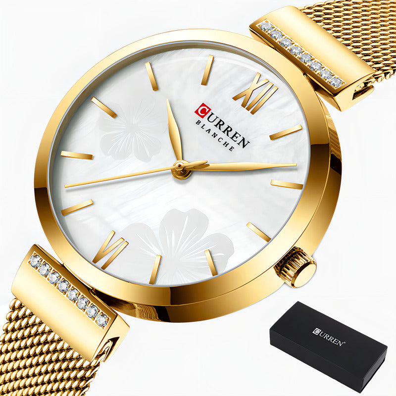 Reloj Curren De Cuarzo Inoxidable De Malla Elegante Para Muj Color De La Correa Dorado Blanco
