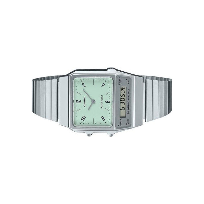 Reloj Mujer Casio Aq-800e-3adf Vintage Core Mens Correa Plateado Bisel Plateado Fondo Verde