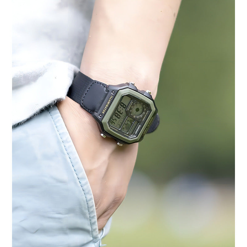 Reloj Pulsera Digital Casio Ae-1200whb-1b Con Correa De Tela Color Negro - Bisel Verde
