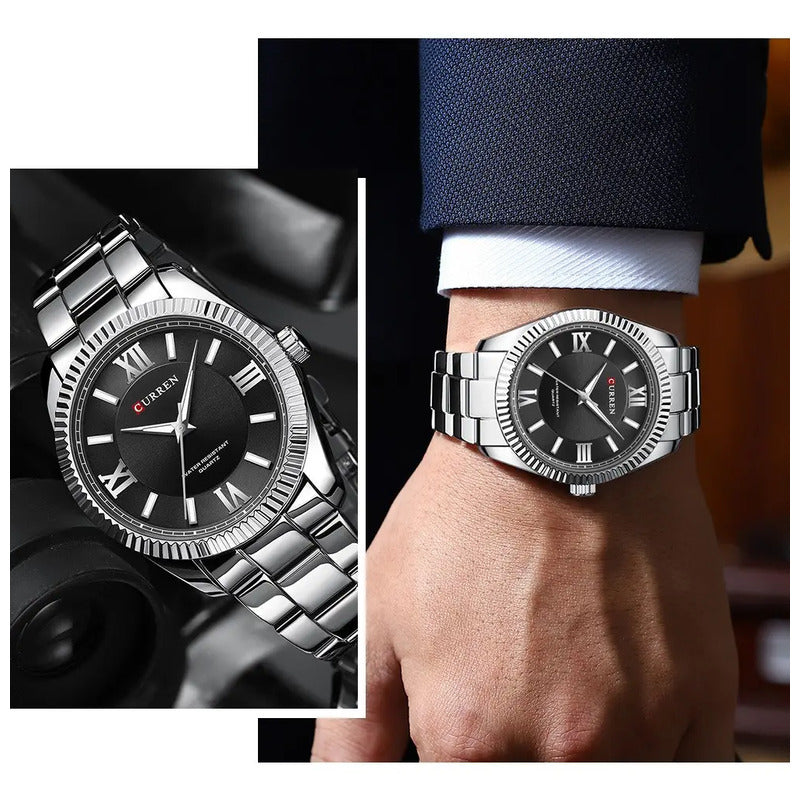Reloj De Cuarzo Curren 8453 Para Hombre, Deportivo, De Negoc Correa Plateado Fondo Negro