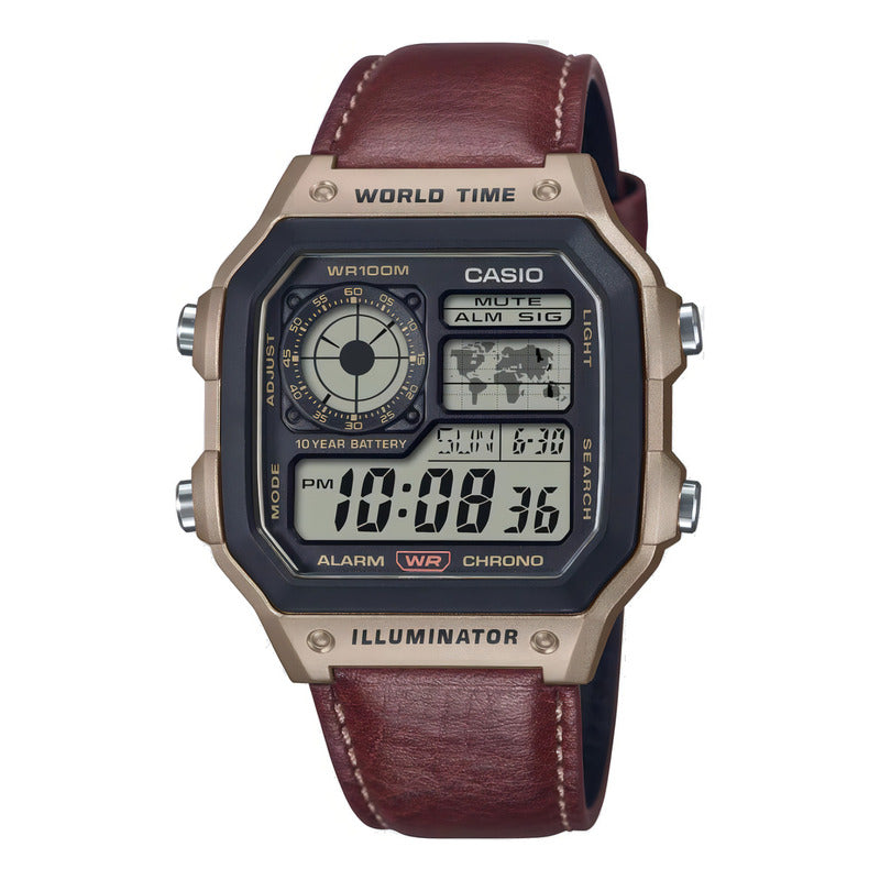 Casio Reloj Hombre Sumergible Ae-1200whl-5 Malla Cuero Marrón Dorado Oscuro Gris