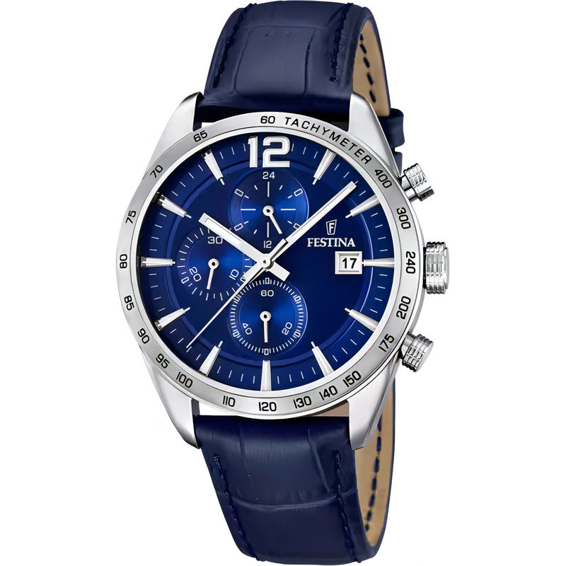 Reloj Pulsera Festina F16760/4 Con Correa De Cuero Color Azul - Bisel Plata