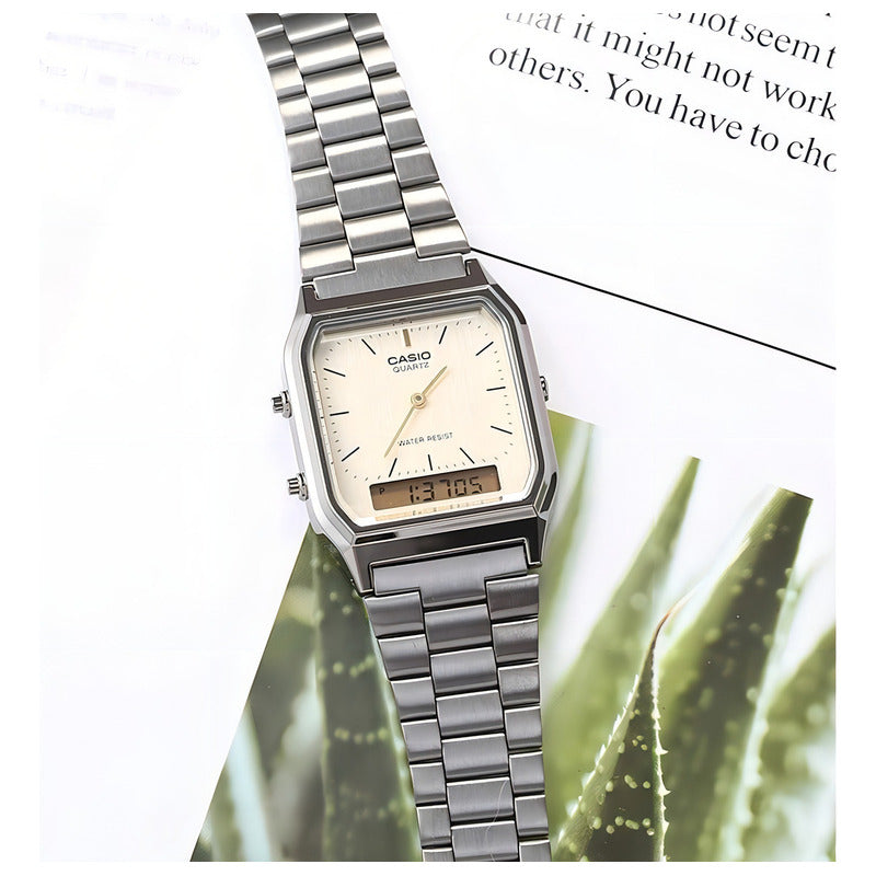 Reloj Casio Aq-230 Analógico-digital Plateado Con Alarma Blanco