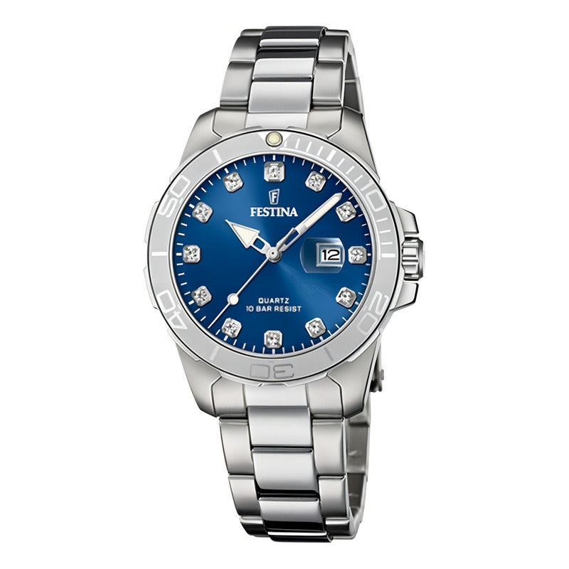 Reloj Festina F20503.6 Dama Acero Calendario 10atm Malla Plateado Bisel Plateado Fondo Azul