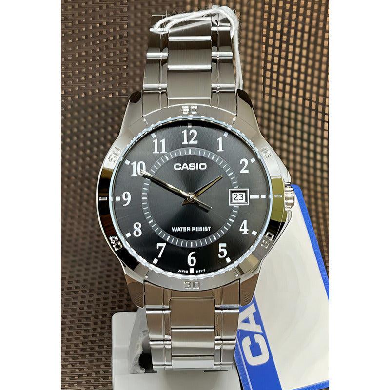 Reloj Pulsera Casio Mtp-v004gl-9 Con Correa De Acero Inoxidable Color Plata - Fondo Negro