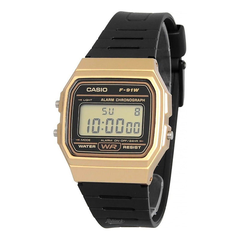 Reloj De Pulsera Casio Collection F-91wm-9a De Cuerpo Color Dorado, Digital, Para Hombre, Fondo Dorado, Con Correa De Resina Color Negro, Dial Negro, Bisel Color Negro Y Hebilla