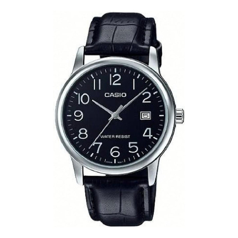 Reloj Pulsera Casio Mtp-v002l-1bu Con Correa De Cuero Color Negro - Bisel Plateado