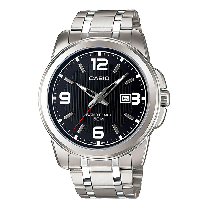 Reloj Pulsera Casio Mtp-1314d-1a Con Correa De Acero Inoxidable Color Plateado - Fondo Negro