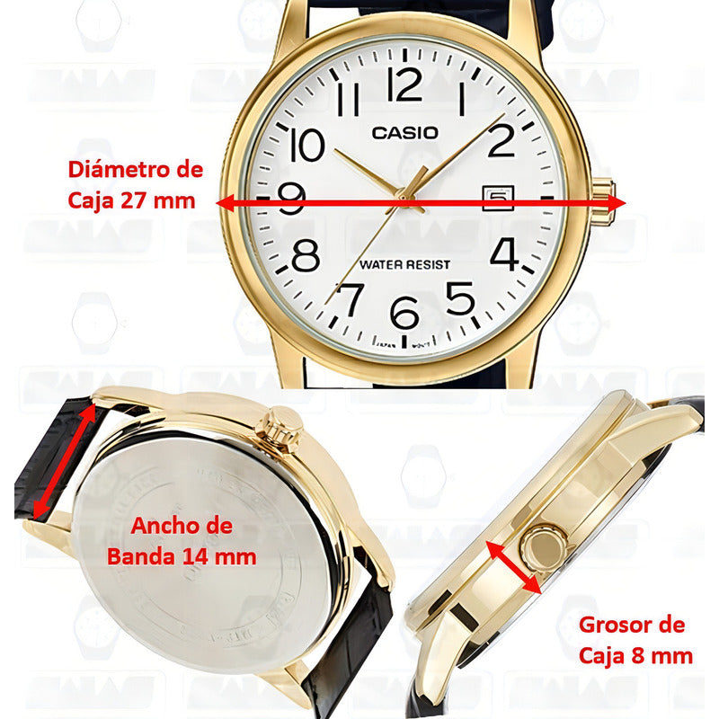 Reloj Casio Ltp-v002gl-7b2 Mujer Correa Piel Fechador Negro Dorado Blanco Ltp-v002gl-7b2