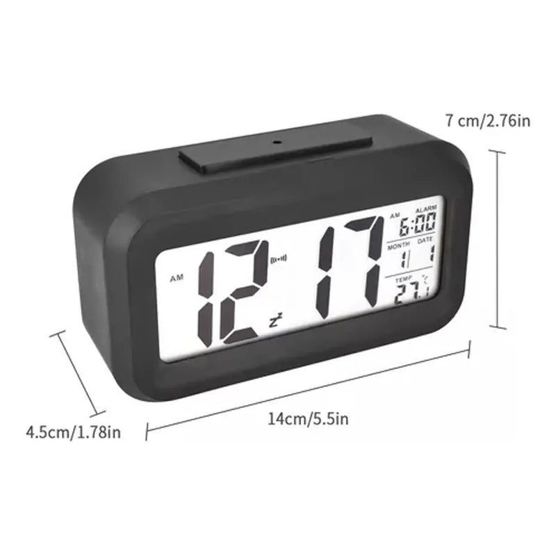 Reloj Despertador Pantalla Led Fecha Temperatura Alarma Color Negro 14 Cm
