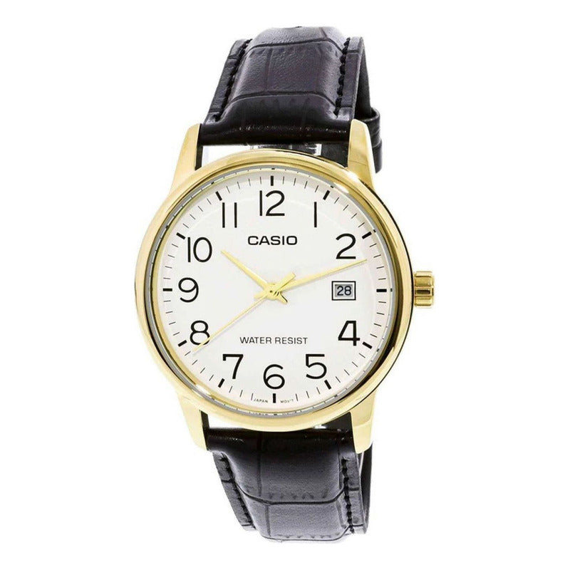 Reloj Pulsera Casio Mtp-v002gl-7b2u Con Correa De Cuero Color Negro - Fondo Blanco - Bisel Dorado