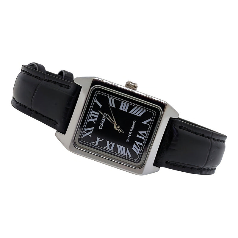 Reloj Casio Dama Correa Piel Genuina Ltp-v007l-1bu Negro Plateado