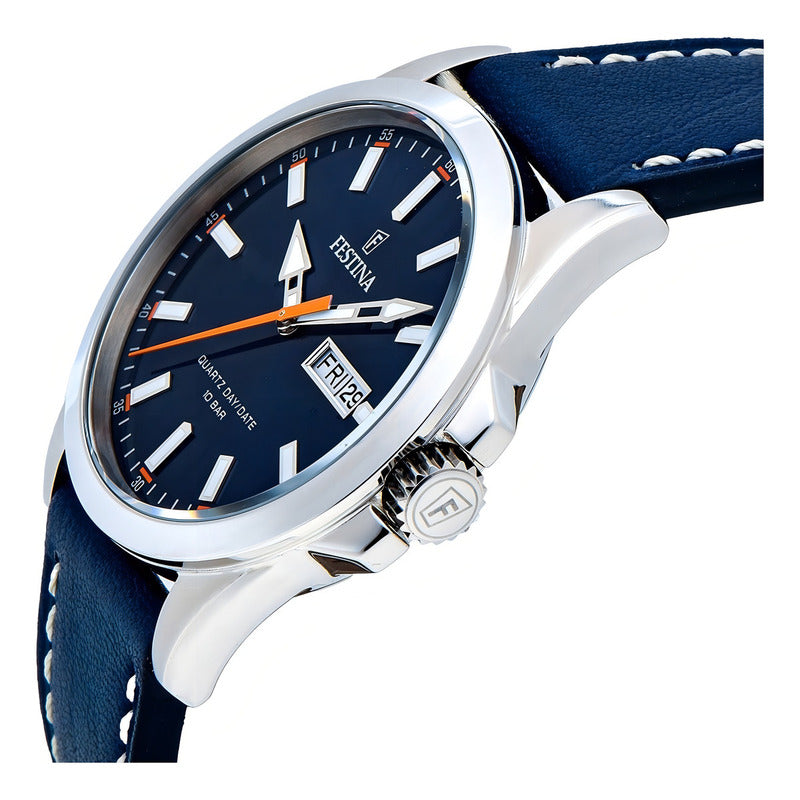 Reloj Pulsera Festina F20358-3 Con Correa De Cuero Color Azul - Bisel Plata
