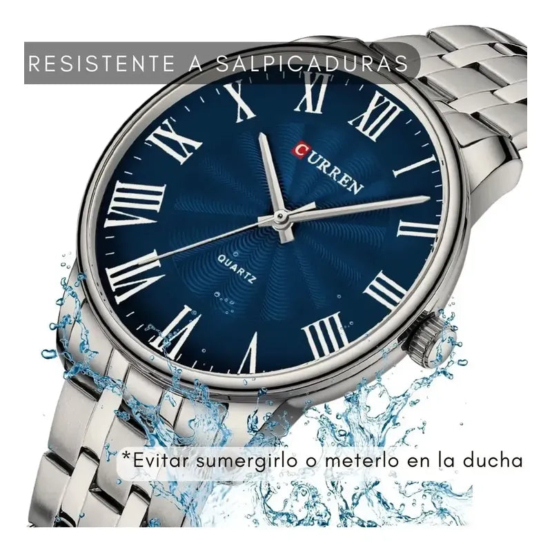 Reloj Hombre Analógico Acero Inox Clasico Vintag Curren 8422 Malla Acero Inoxidable Fondo Azul
