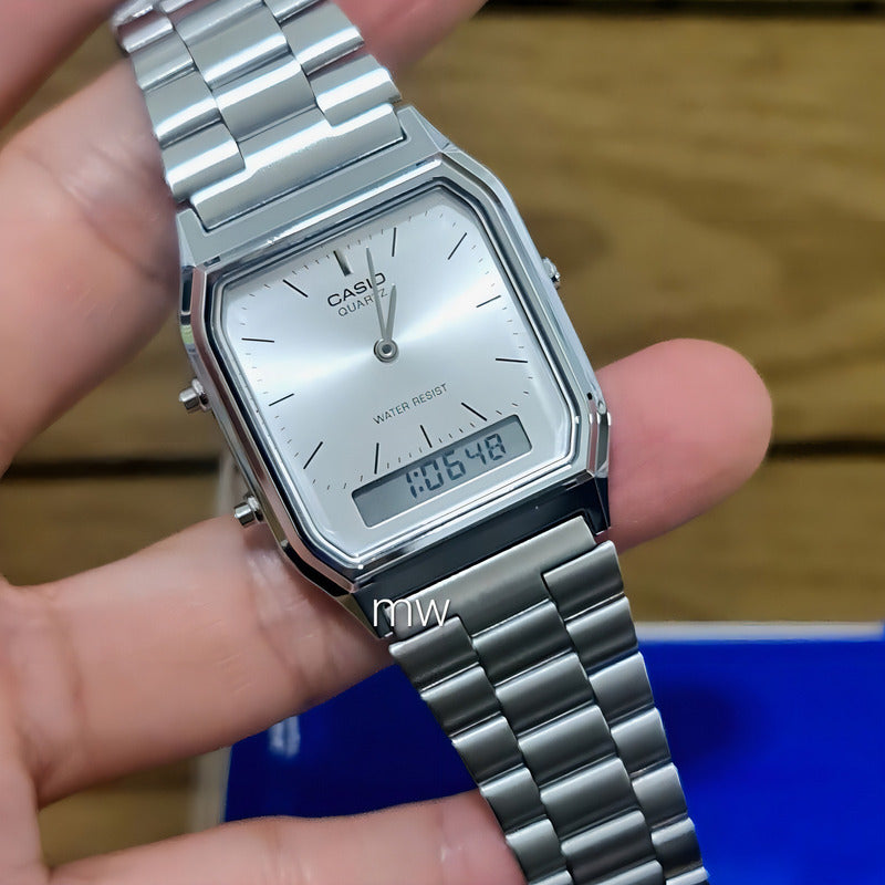 Reloj Casio Vintage Aq-230a-7a Digital Y Analógico Acero Inoxidable Plateado