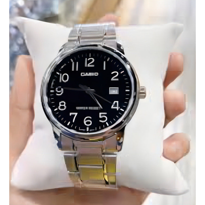 Reloj Pulsera Casio Mtp-v002d-1bu Con Correa De Acero Inoxidable Color Plateado - Fondo Negro