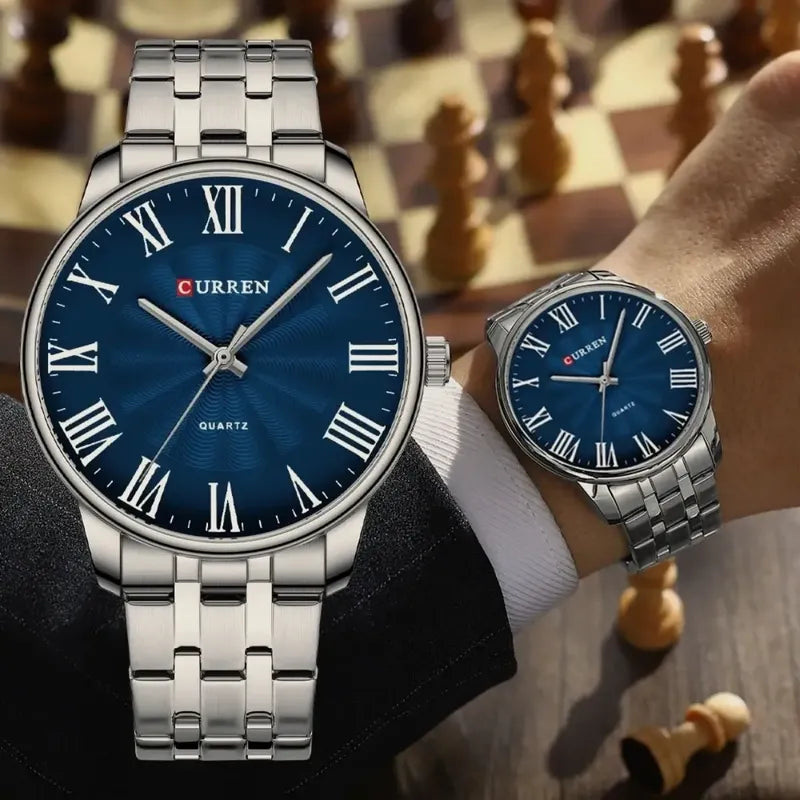 Reloj Hombre Analógico Acero Inox Clasico Vintag Curren 8422 Malla Acero Inoxidable Fondo Azul