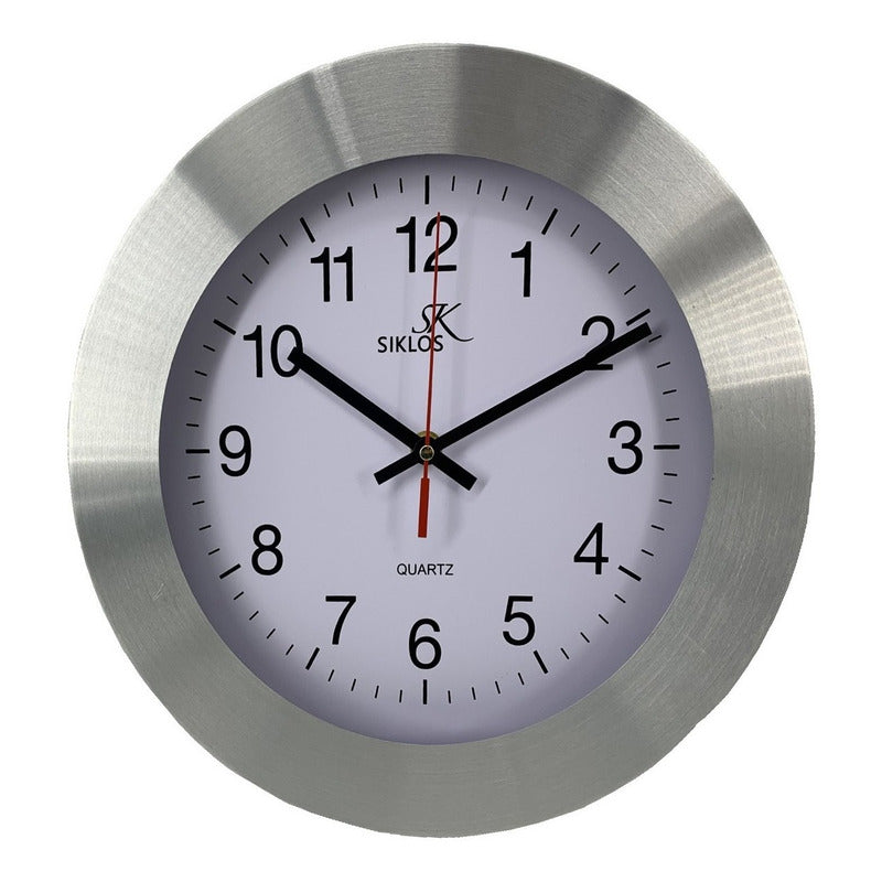 Reloj Pared Metal Siklos Gc1201w 30cm Ancho Silencioso Plateado Blanco