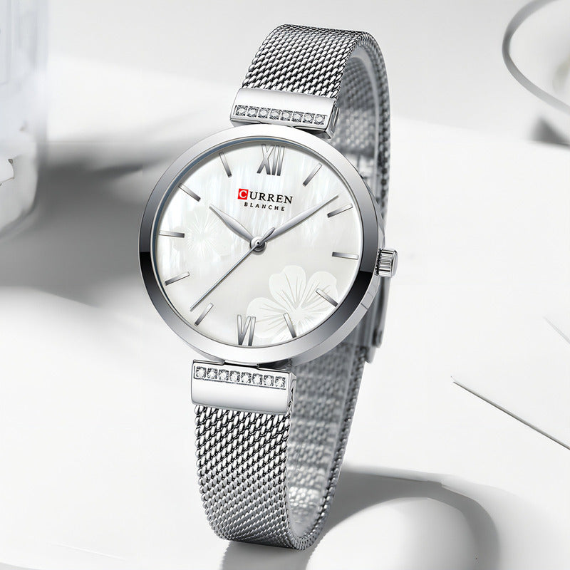 Reloj Curren De Cuarzo Inoxidable De Malla Elegante Para Muj Color De La Correa Plateado Blanco