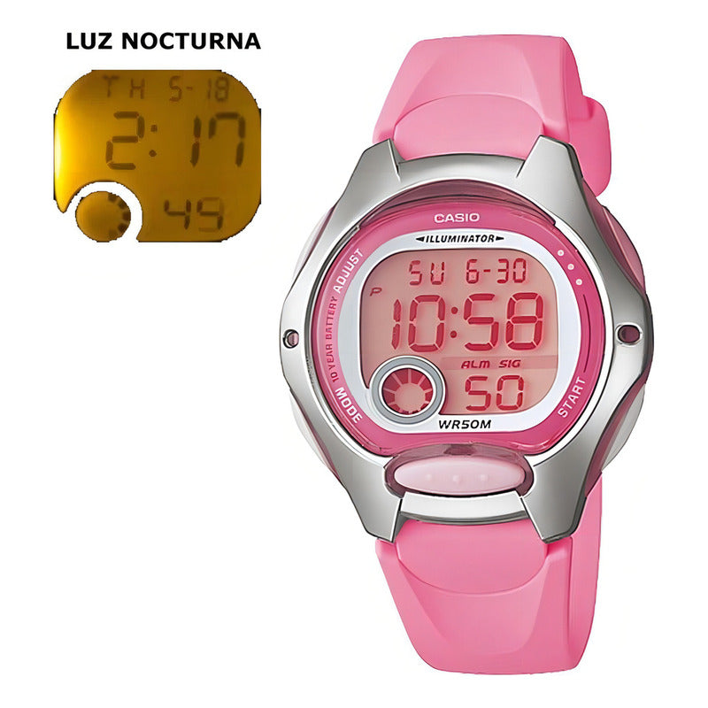 Reloj Pulsera Digital Casio Lw-200-2av Con Correa De Resina Color Rosa - Fondo Gris - Bisel Rosa/plateado