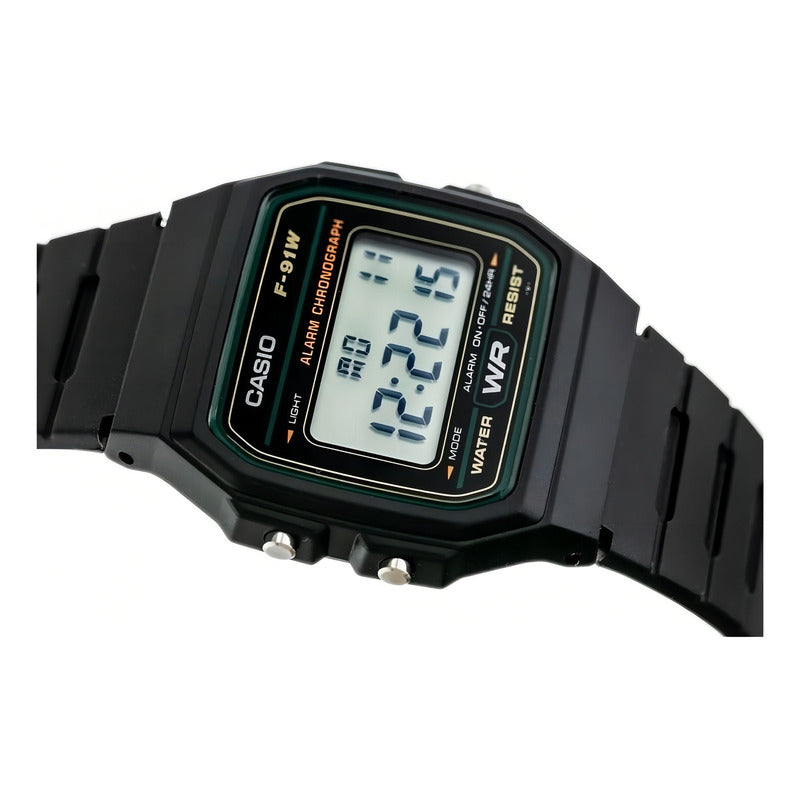 Reloj De Pulsera Casio Collection F-91w-3dg De Cuerpo Color Negro, Digital, Para Hombre, Fondo Gris, Con Correa De Resina Color Negro, Dial Negro, Bisel Color Verde Y Hebilla Sim