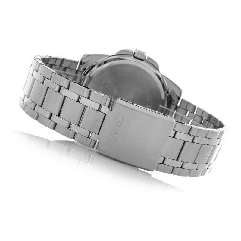 Reloj Pulsera Casio Mtp-1314d-2av Con Correa De Acero Inoxidable Color Plateado - Fondo Azul