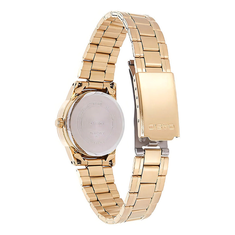 Reloj Casio Ltpv002 7b Mujer Ext Acero Dorado Fechador Full Blanco Blanco Ltp-v002g-7b