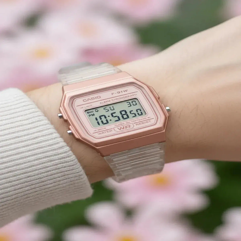 Reloj Casio F-91ws-7a3df Cuarzo Mujer Oro Rosa Transparente