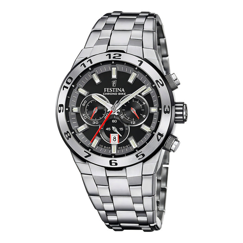 Reloj Festina Chrono Bike Para Hombre De Acero Inoxidable, 100m Y Fondo Negro Plateado
