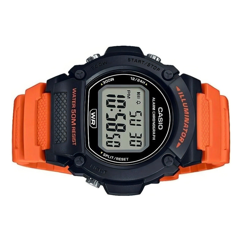 Reloj Casio W-219h-4a Naranja Wr 50m Cronometro Alarma Sumergible Negro