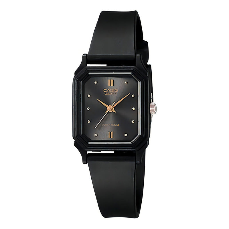 Reloj Casio Original Dama Lq-142e-1 Análogo Color De La Correa Negro Color Del Fondo Café Oscuro