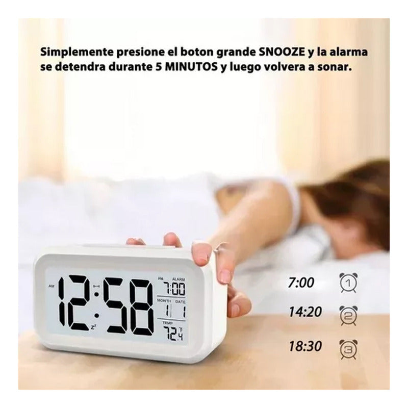 Reloj Despertador Pantalla 1302 Blanco Led Fecha Temperatura Blanco