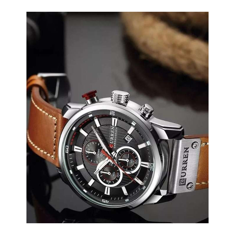 Reloj Curren 8291-6 Casual Moderno Maquina Japonesa Marrón Plateado Negro