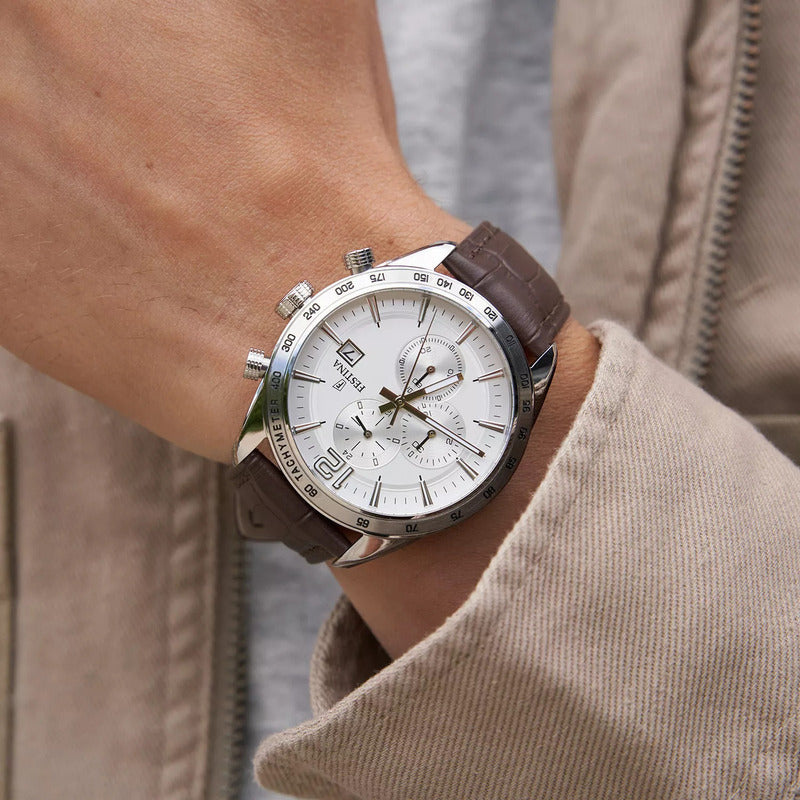 Reloj Pulsera Festina F16760/4 Con Correa De Cuero Color Marrón - Fondo Gris-plata