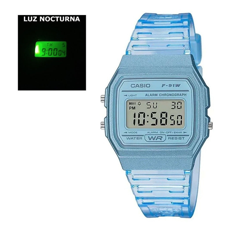 Reloj De Pulsera Casio Collection F-91ws-2d Relojesymas Transparente/celeste Celeste Gris