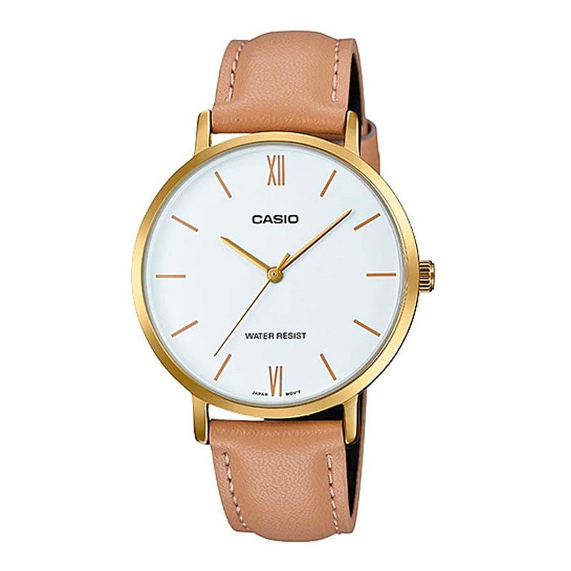 Reloj Casio Cuero Dama Ltp-vt01gl-7b Original Marrón Claro Dorado Blanco