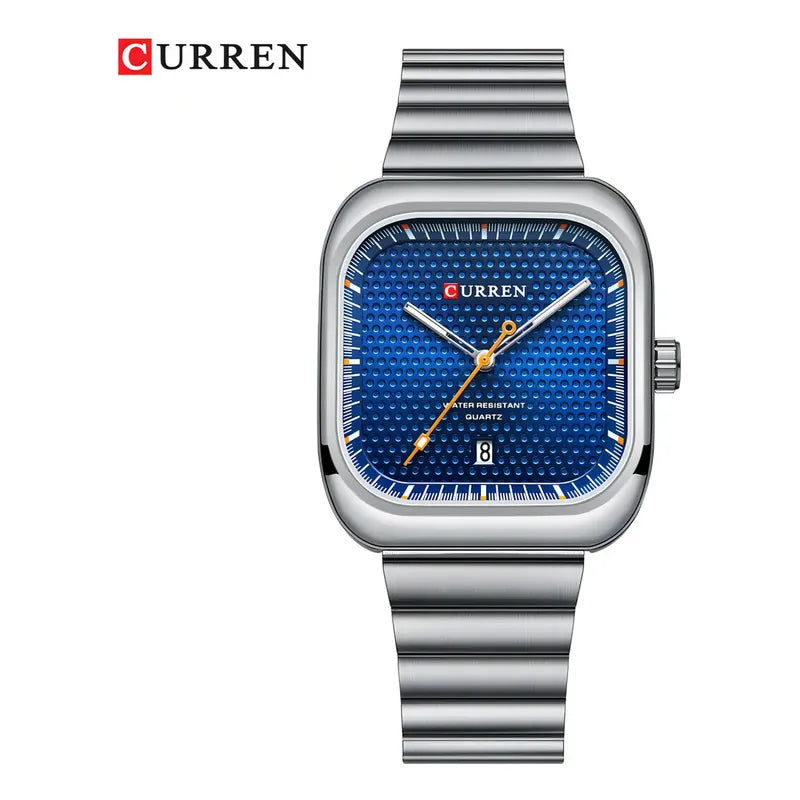 Relojes De Cuarzo Con Calendario De Negocios Cuadrado Curren, Color De Fondo Plateado/azul
