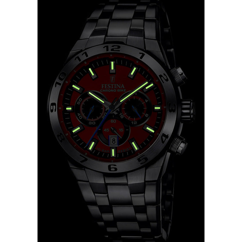 Reloj Festina F20670.5 Para Hombre Chronobike 2024 Malla Plateado Bisel Plateado Fondo Rojo