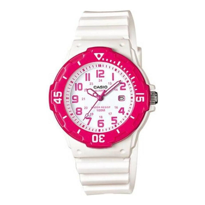 Reloj Casio Analógico Para Mujer Lrw-200h-4bv Blanco Con Detalles Fucsia