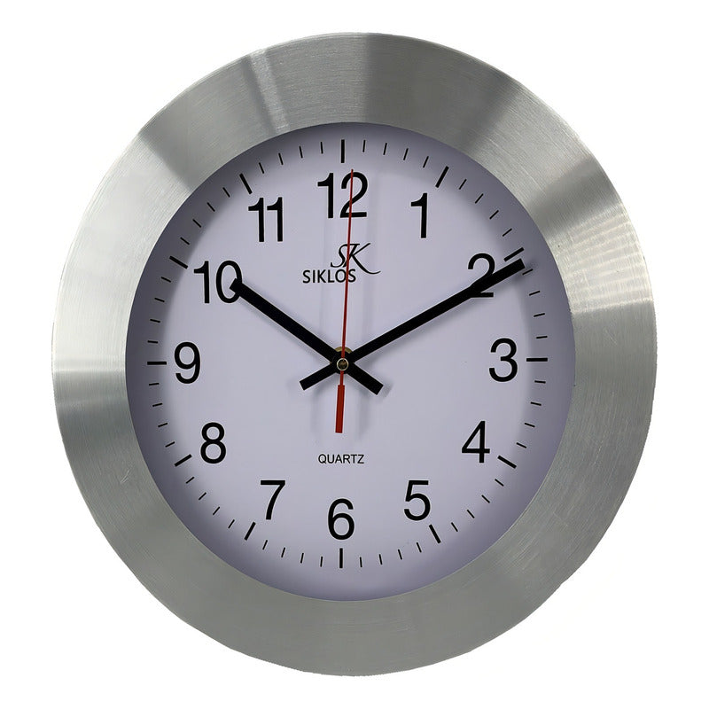 Reloj Pared Siklos Análogo Vintage 30cm Aluminio Plateado Segundero Continuo Blanco