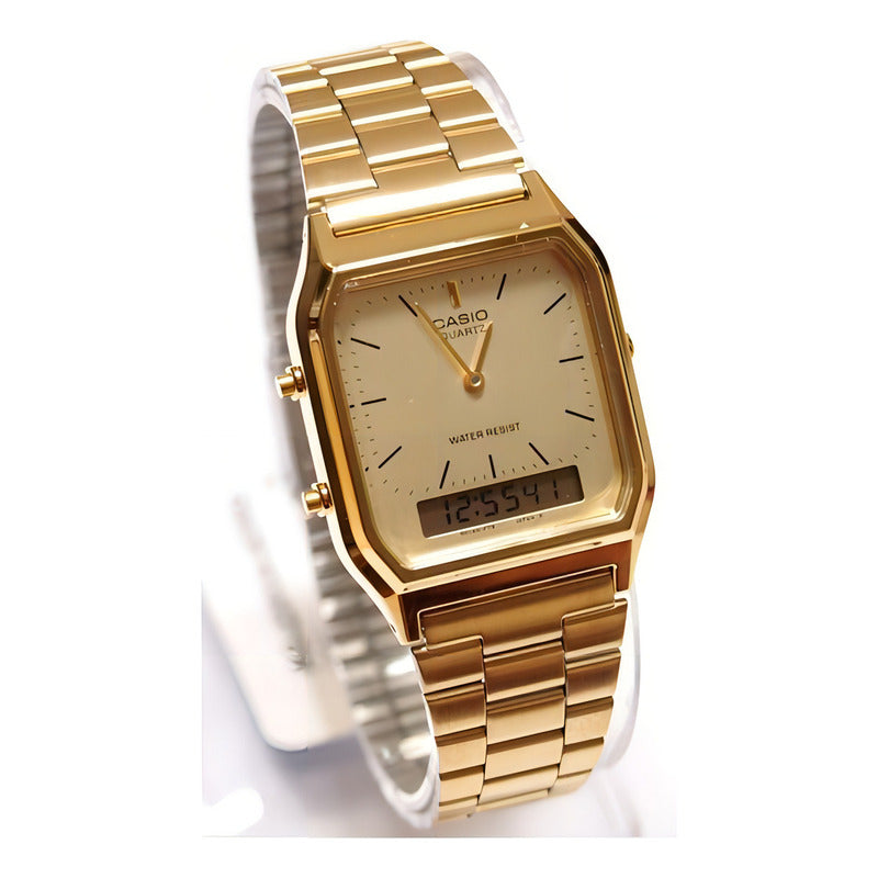 Reloj Pulsera Casio Aq-230 Con Correa De Acero Inoxidable Color Dorado - Fondo Blanco/dorado