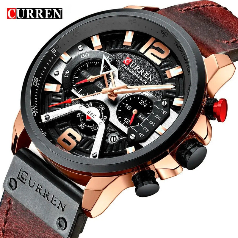 Reloj Pulsera Curren 8329 Con Correa De Cuero Color Marrón - Fondo Negro - Bisel Negro/gris