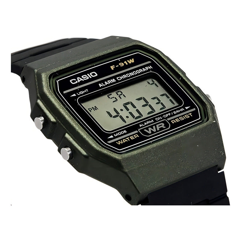 Reloj De Pulsera Casio Collection F-91wm-3a De Cuerpo Color Verde, Digital, Para Hombre, Fondo Gris, Con Correa De Resina Color Negro, Dial Negro, Bisel Color Verde Y Hebilla