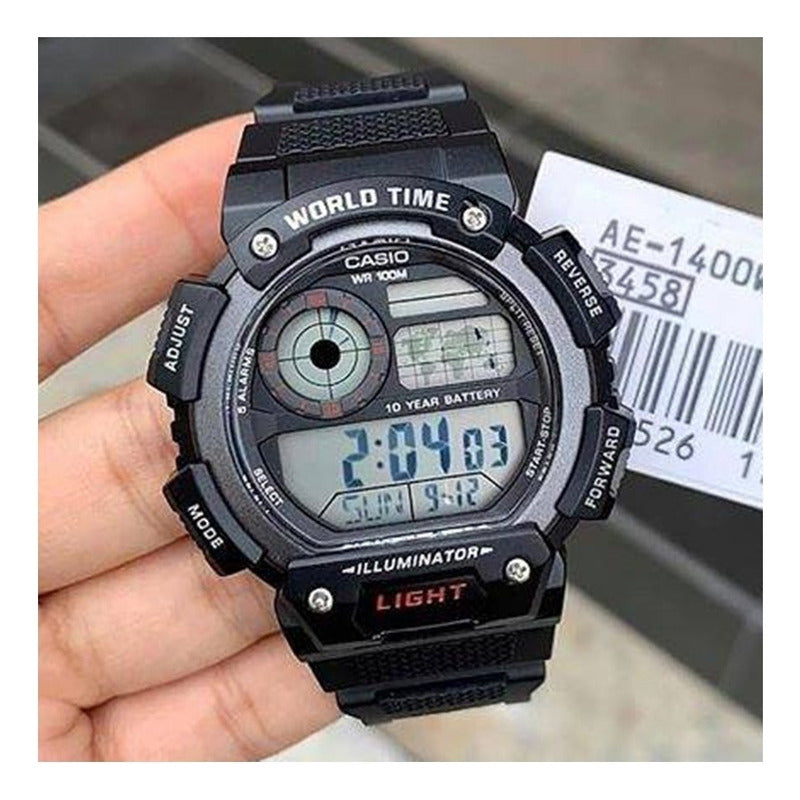 Reloj Casio Hombre Ae-1400wh-1a Digital Mapa Mundi100% Original Color De La Correa Negro