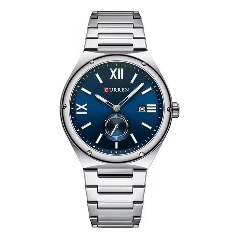 Reloj Curren 8471-2 Metálico Para Hombre Elegante Plateado Azul
