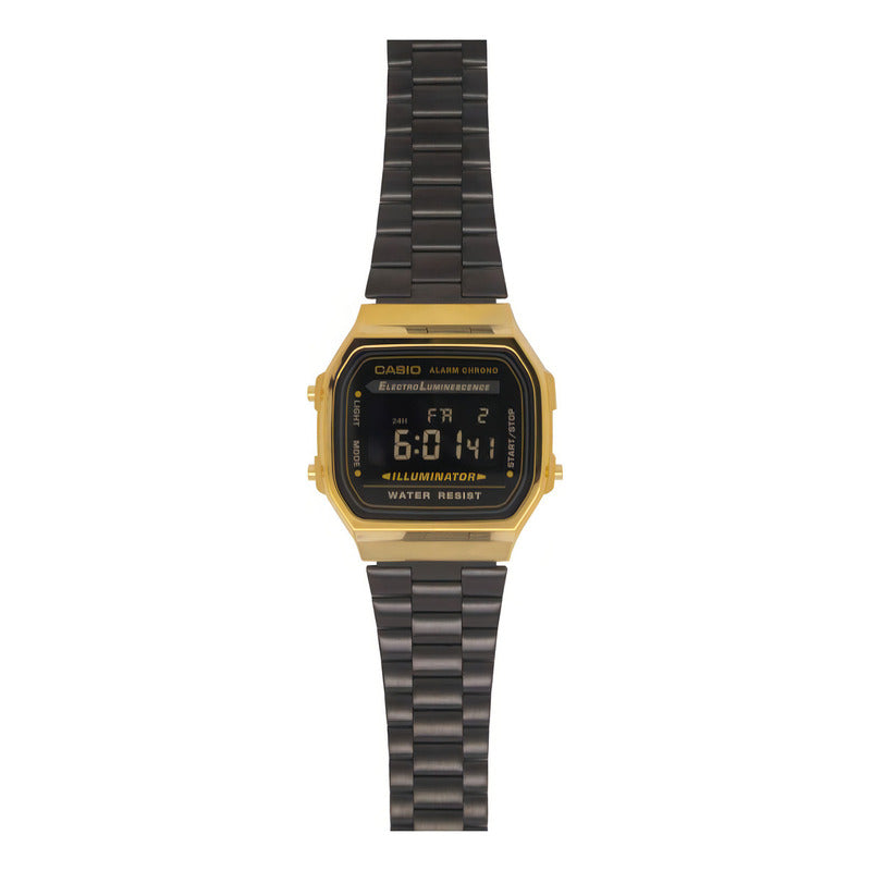 Reloj Pulsera Digital Casio A-168wegb-1b Con Correa De Acero Inoxidable Color Negro - Bisel Dorado